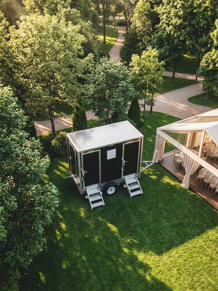 Restroom trailer set on a lawn beside a garden wedding tent